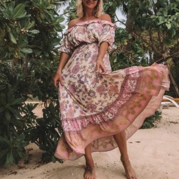 Waverly Boho Pink Floral Print Off Shoulder Crop top Maxi Skirt Set - Picture 15 of 16